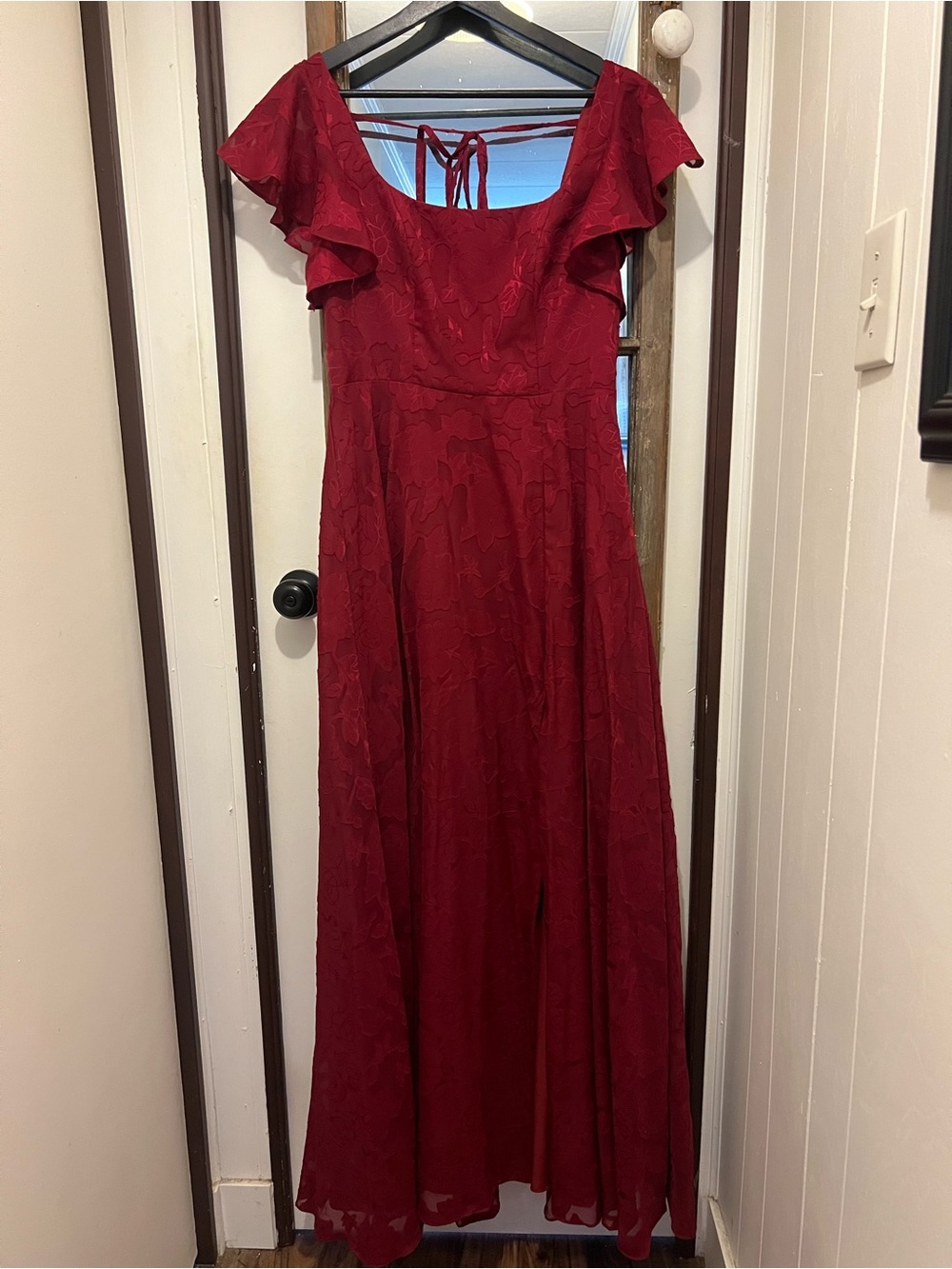 Azazie Wine Red Lace Flutter Sleeve Maxi Dress